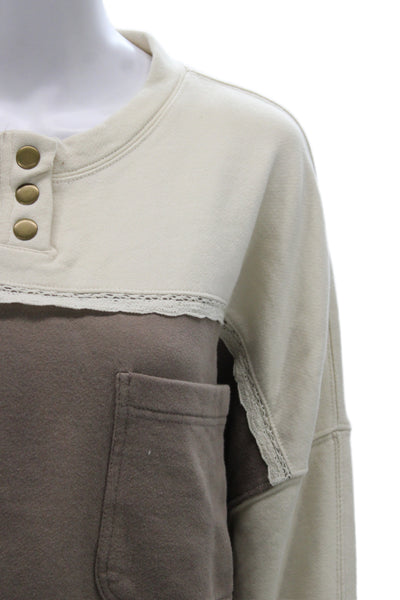 Free People Womens Ivory Colorblock Henley Sweatshirt Cotton Size S