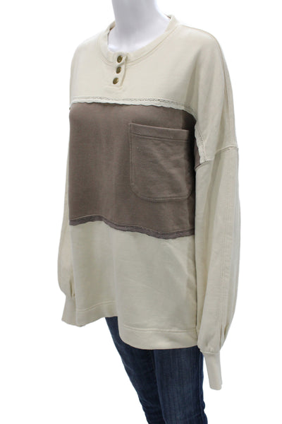 Free People Womens Ivory Colorblock Henley Sweatshirt Cotton Size S