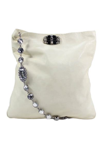 Miu Miu Womens Leather Jeweled Turn Lock Flap Shoulder Handbag White