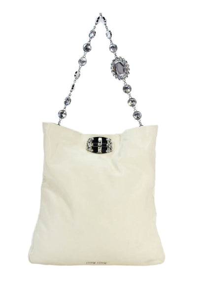 Miu Miu Womens Leather Jeweled Turn Lock Flap Shoulder Handbag White