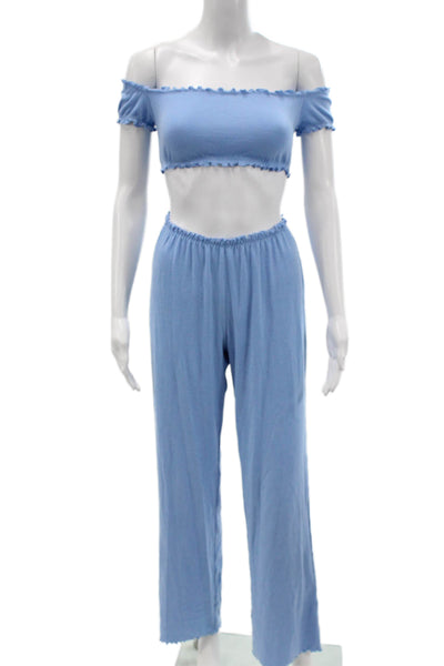 Skims Womens Cropped Short Sleeves Pant Set Sky Blue Cotton Size Small
