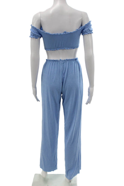 Skims Womens Cropped Short Sleeves Pant Set Sky Blue Cotton Size Small