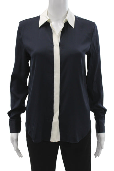 Lily Silk Women Blue Button Down Blouse Crew Neck Long Sleeve Size XS