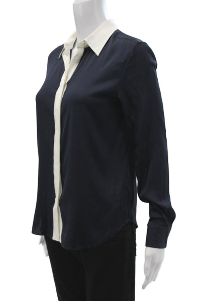 Lily Silk Women Blue Button Down Blouse Crew Neck Long Sleeve Size XS