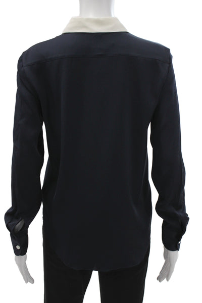 Lily Silk Women Blue Button Down Blouse Crew Neck Long Sleeve Size XS