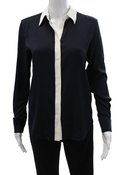 Lily Silk Women Button Down Blue Crew Neck Long Sleeve Blouse Size S
