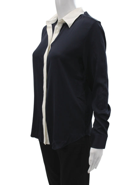 Lily Silk Women Button Down Blue Crew Neck Long Sleeve Blouse Size S