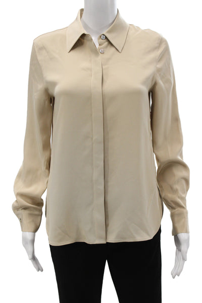 Lily Silk Womens Collared Long Sleeve Solid Blouse Beige Size XS