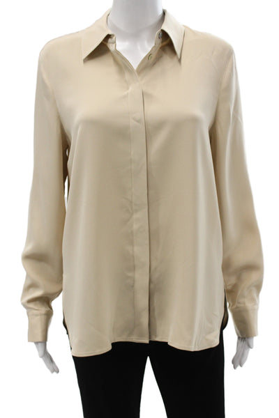 Lily Silk Women Collared Mulberry Silk Blouse Beige Button Long Sleeve Size M