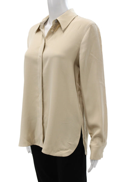 Lily Silk Women Collared Mulberry Silk Blouse Beige Button Long Sleeve Size M
