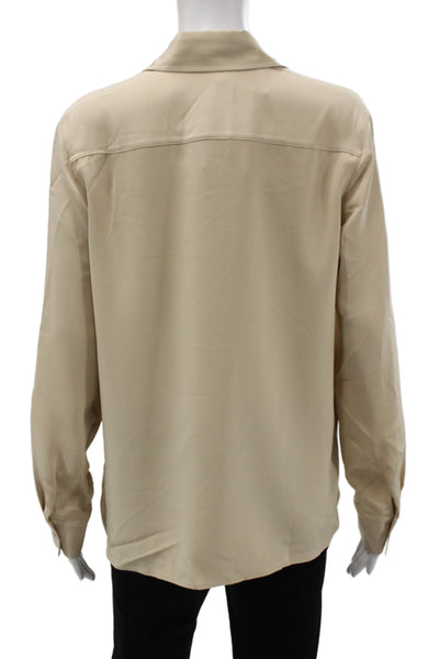 Lily Silk Women Collared Mulberry Silk Blouse Beige Button Long Sleeve Size M