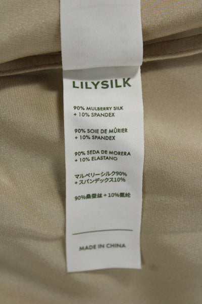 Lily Silk Women Collared Mulberry Silk Blouse Beige Button Long Sleeve Size M