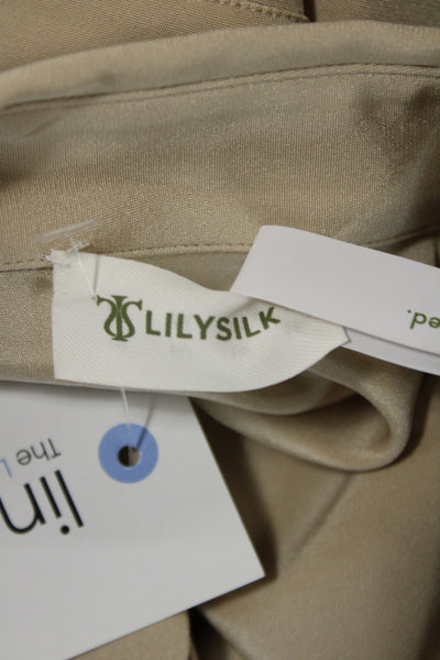 Lily Silk Women Collared Mulberry Silk Blouse Beige Button Long Sleeve Size M
