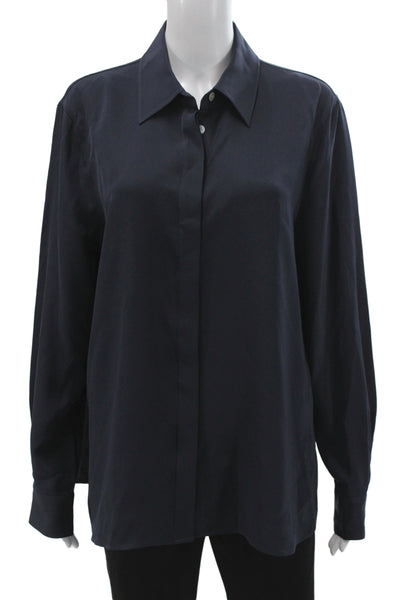 Lily Silk Women Button Down Blouse Blue Crew Neck Solid Long Sleeve Size XL
