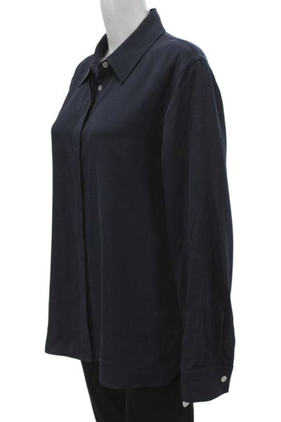 Lily Silk Women Button Down Blouse Blue Crew Neck Solid Long Sleeve Size XL