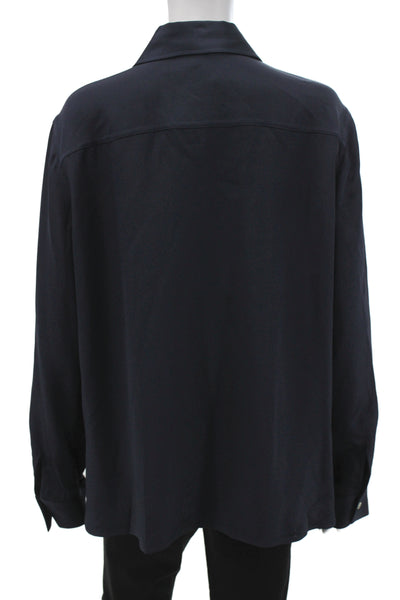 Lily Silk Women Button Down Blouse Blue Crew Neck Solid Long Sleeve Size XL
