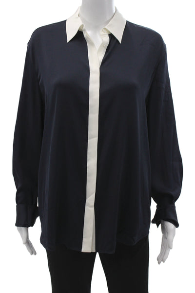 Lily Silk Women Blue Collared Colorblock Long Sleeve Blouse Size 2XL