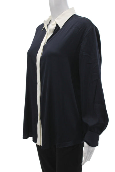 Lily Silk Women Blue Collared Colorblock Long Sleeve Blouse Size 2XL
