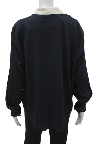 Lily Silk Women Blue Collared Colorblock Long Sleeve Blouse Size 2XL