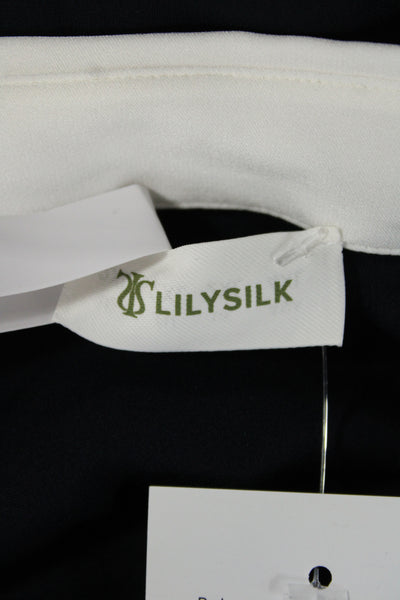 Lily Silk Women Blue Collared Colorblock Long Sleeve Blouse Size 2XL
