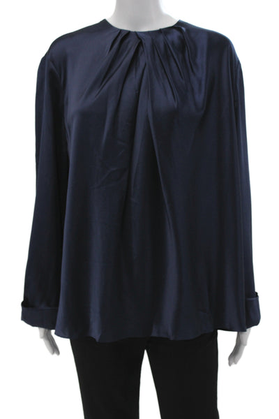 Lily Silk Womens Blue Mulberry Silk High Neck Long Sleeve Basic Blouse Size 2XL