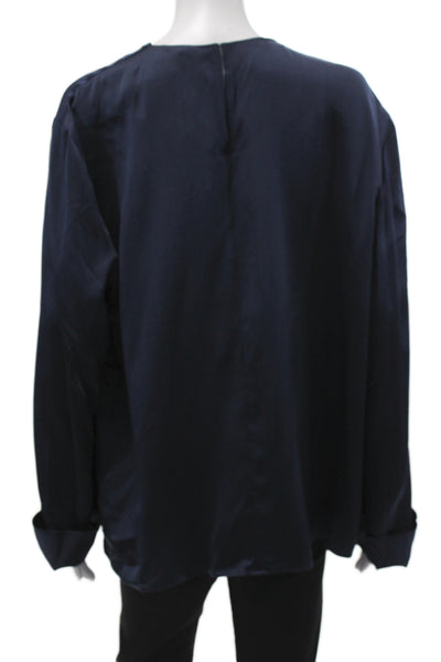 Lily Silk Womens Blue Mulberry Silk High Neck Long Sleeve Basic Blouse Size 2XL