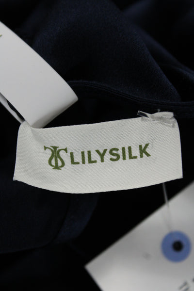 Lily Silk Womens Blue Mulberry Silk High Neck Long Sleeve Basic Blouse Size 2XL