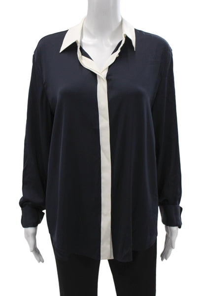 Lily Silk Womens Button-Up Mulberry Silk Collared Long Sleeve Blue Size XL