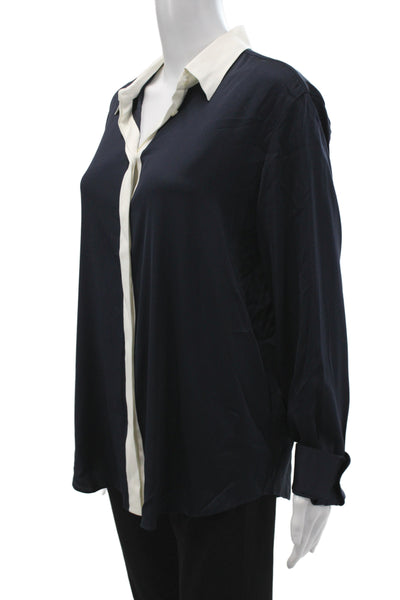 Lily Silk Womens Button-Up Mulberry Silk Collared Long Sleeve Blue Size XL