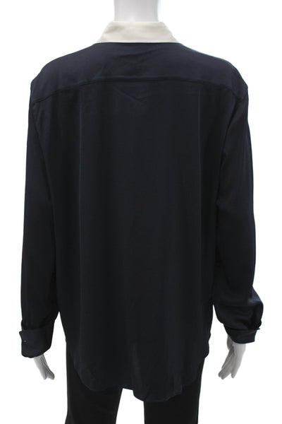 Lily Silk Womens Button-Up Mulberry Silk Collared Long Sleeve Blue Size XL