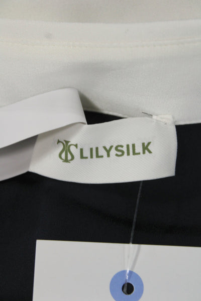 Lily Silk Womens Button-Up Mulberry Silk Collared Long Sleeve Blue Size XL