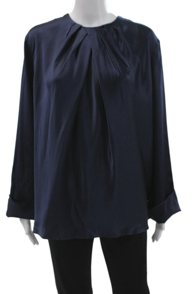 Lily Silk Womens Blue Round Neck Long Sleeve Silk Blouse Size XL