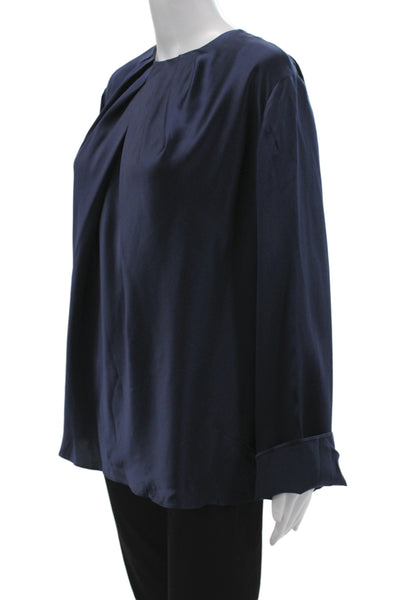 Lily Silk Womens Blue Round Neck Long Sleeve Silk Blouse Size XL