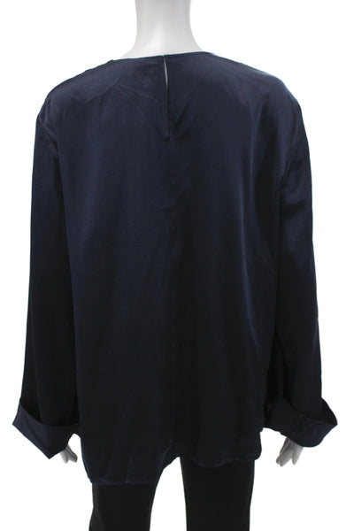 Lily Silk Womens Blue Round Neck Long Sleeve Silk Blouse Size XL
