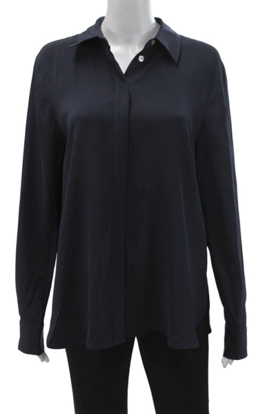 Lily Silk Womens Mulberry Silk Collared Button Long Sleeve Blouse Blue Size L