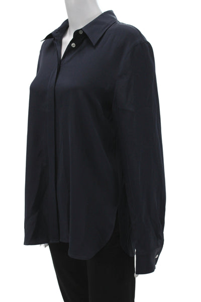 Lily Silk Womens Mulberry Silk Collared Button Long Sleeve Blouse Blue Size L
