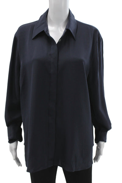 Lily Silk Womens Blouse Blue Collared Long Sleeve Solid Size 2XL