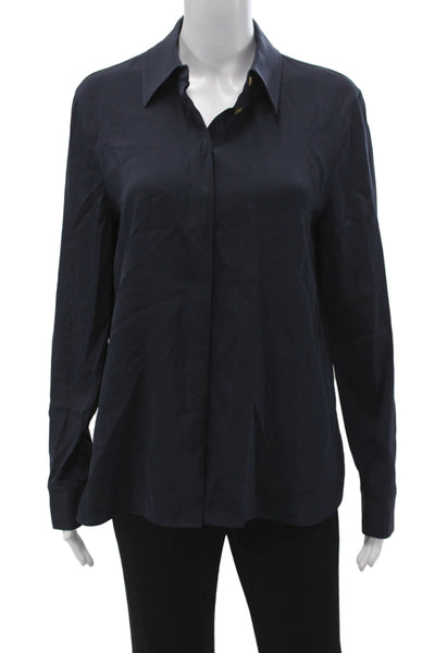 Lily Silk Women Basic Collared Silk Blouse Solid Blue Long Sleeve Size M