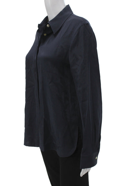 Lily Silk Women Basic Collared Silk Blouse Solid Blue Long Sleeve Size M