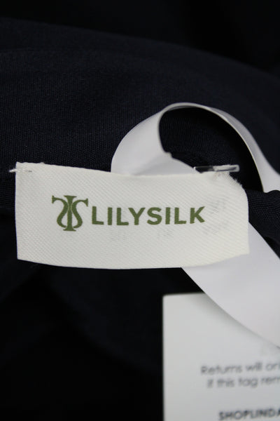 Lily Silk Women Basic Collared Silk Blouse Solid Blue Long Sleeve Size M