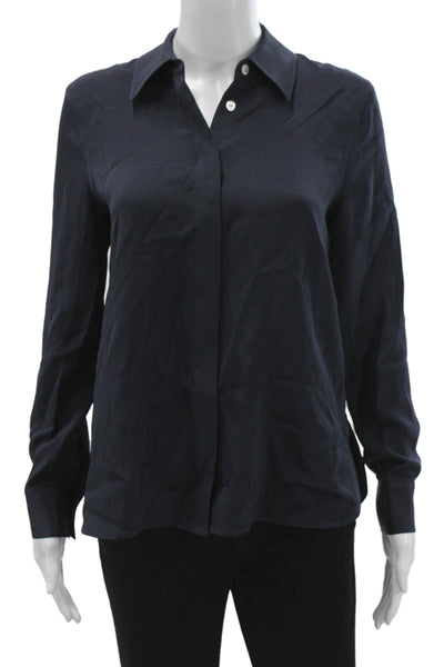 Lily Silk Women Collared Mulberry Silk Blue Long Sleeve Blouse Size S