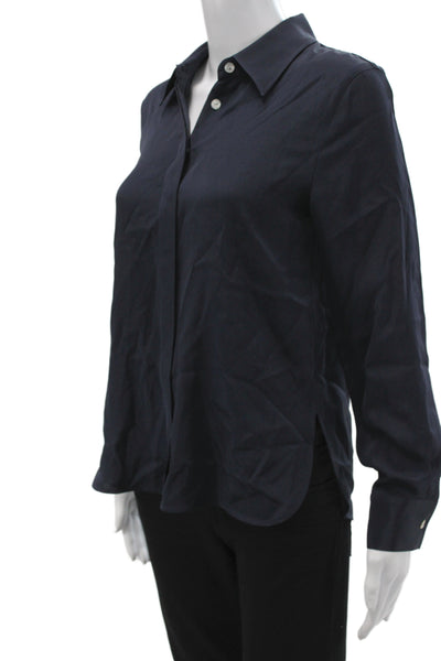 Lily Silk Women Collared Mulberry Silk Blue Long Sleeve Blouse Size S