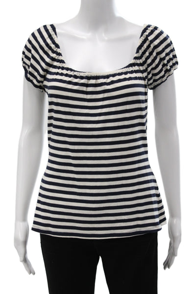 Trina Turk Womens Blue Striped Scoop Neck Short Sleeve Rayon Blouse Size M