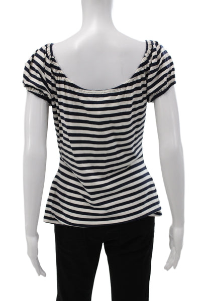 Trina Turk Womens Blue Striped Scoop Neck Short Sleeve Rayon Blouse Size M