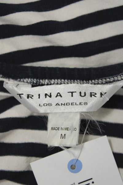 Trina Turk Womens Blue Striped Scoop Neck Short Sleeve Rayon Blouse Size M