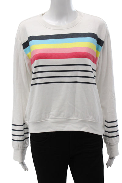 Sundry Womens Pullover Sweatshirt White Striped Crew Neck Long Sleeve Size 3
