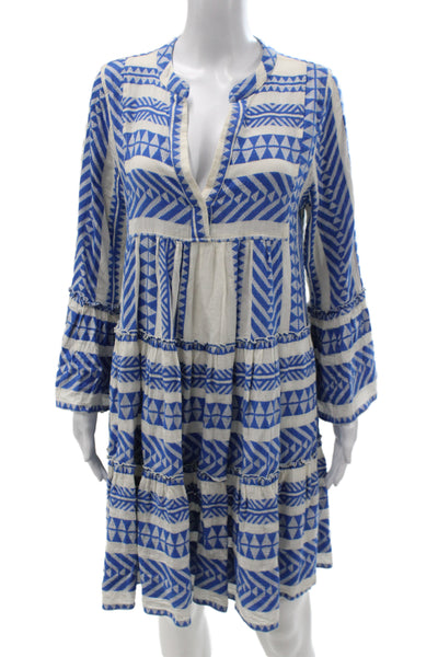 Devotion Womens Trapeze Swing Dress Blue V-Neck Long Sleeve Geometric Size XS