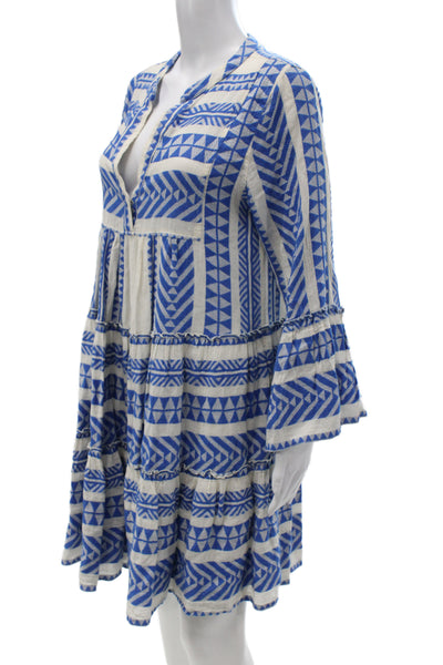 Devotion Womens Trapeze Swing Dress Blue V-Neck Long Sleeve Geometric Size XS
