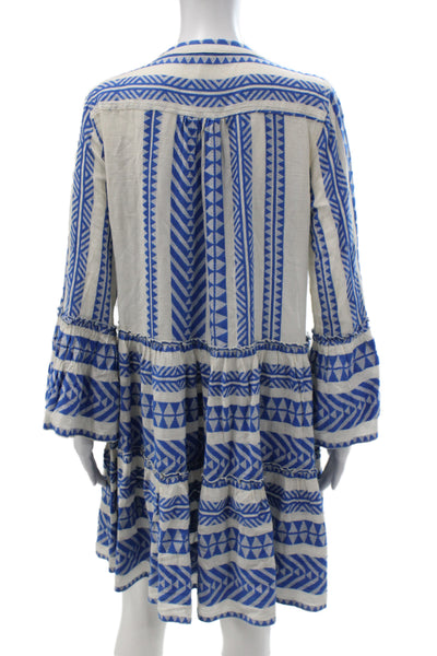 Devotion Womens Trapeze Swing Dress Blue V-Neck Long Sleeve Geometric Size XS