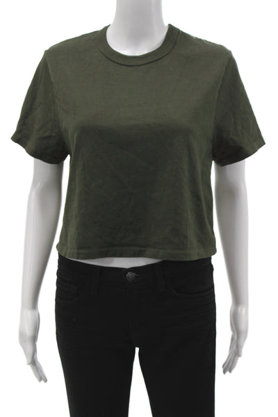 Les Tien Women Basic Green Cotton T-Shirt Crew Neck Short Sleeve Size M